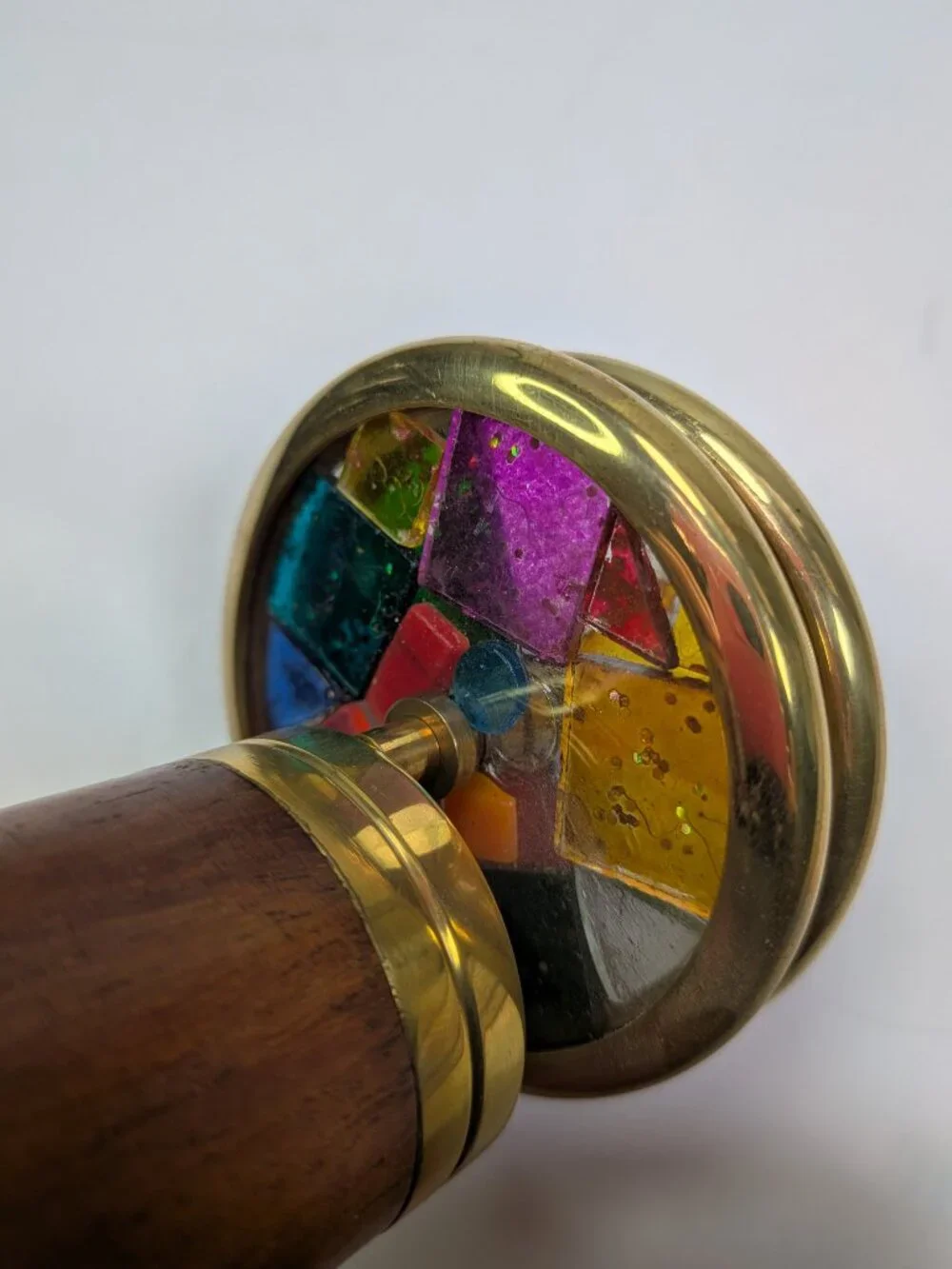 Vintage Pier 1 Imports Double Wheel Wooden Kaleidoscope Brass & Wood Teak Style